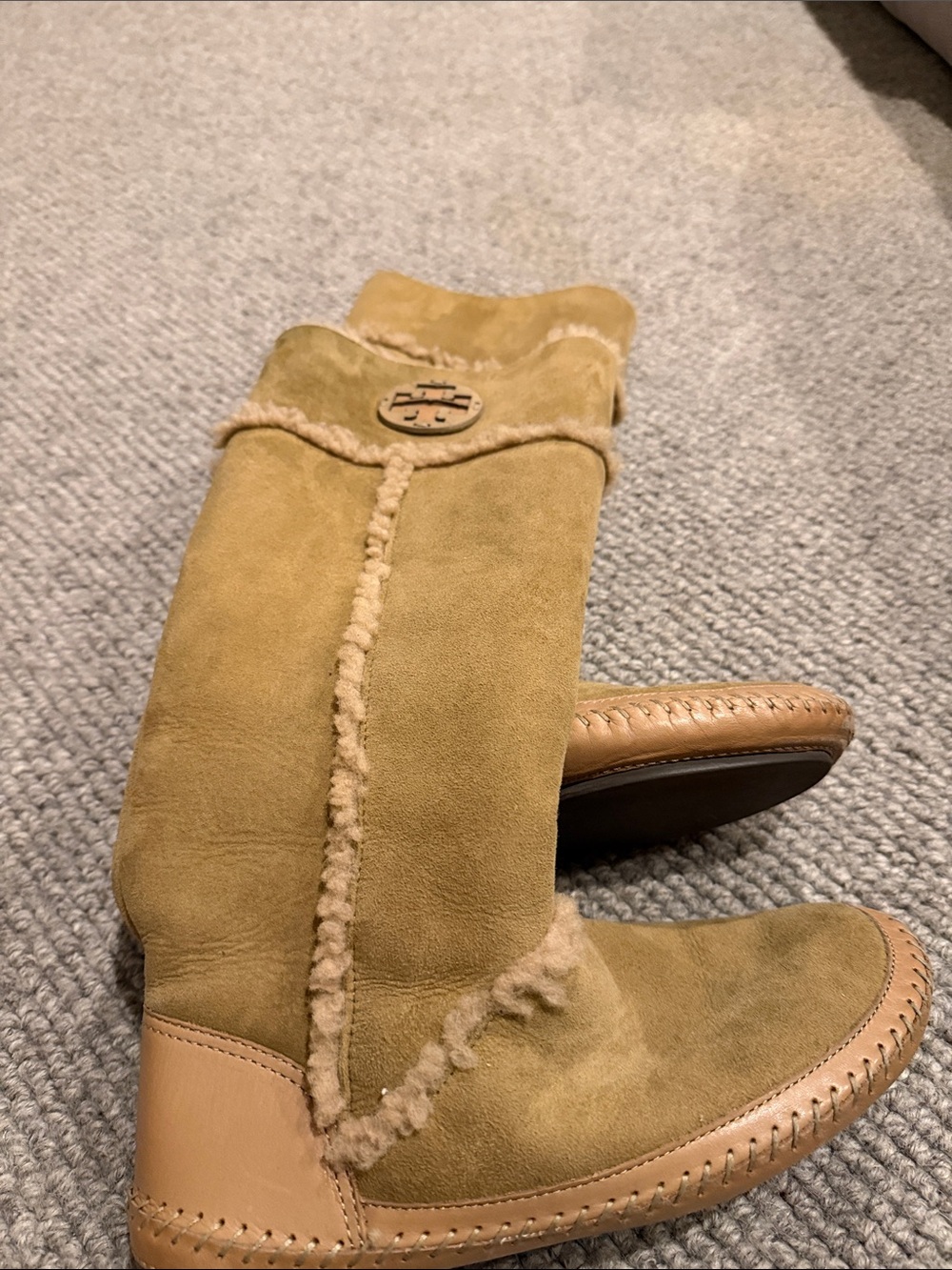 Tory Burch Suede Shearling Knee high Boot in Light Tan